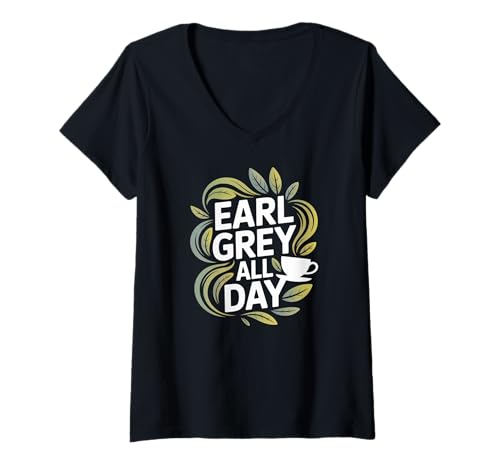 Damen Earl Grey Tea Lover Tea Leaves Tasse für alle Tage T-Shirt mit V-Ausschnitt Damen Earl Grey Tea Lover Tea Leaves Tasse für alle Tage T-Shirt mit V-Ausschnitt von Tea Enthusiast Leafy Beverage Vibes