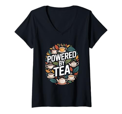 Damen Powered by Tea Leaf Cup Teekanne Love T-Shirt mit V-Ausschnitt Damen Powered by Tea Leaf Cup Teekanne Love T-Shirt mit V-Ausschnitt von Tea Enthusiasts Sip Lovers Caffeine