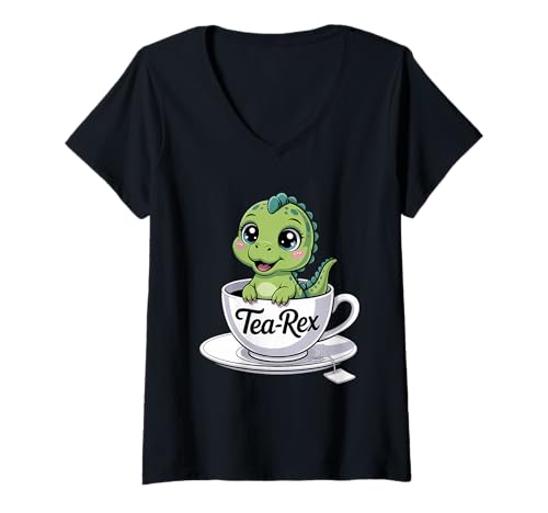 Damen Tea-Rex Teetränke T Rex Dinosaurier T-Shirt mit V-Ausschnitt Damen Tea-Rex Teetränke T Rex Dinosaurier T-Shirt mit V-Ausschnitt von Tea Lover