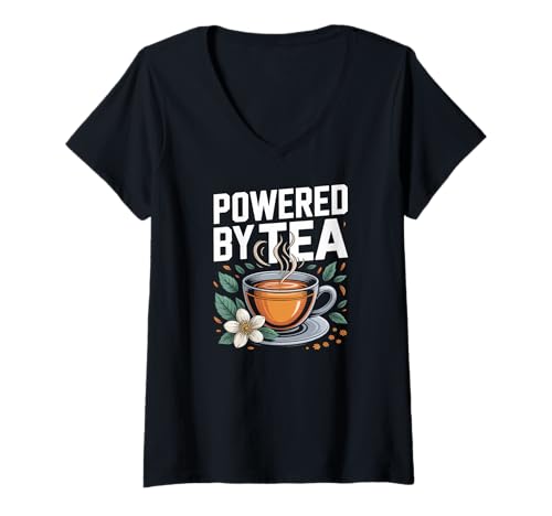 Damen Powered by Tea Floral Cup Leaves Relax T-Shirt mit V-Ausschnitt Damen Powered by Tea Floral Cup Leaves Relax T-Shirt mit V-Ausschnitt von Tea Lovers Caffeine Herbal Relaxation