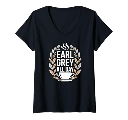 Damen Earl Grey Tasse mit Blattmotiv, ganztägig T-Shirt mit V-Ausschnitt Damen Earl Grey Tasse mit Blattmotiv, ganztägig T-Shirt mit V-Ausschnitt von Tea Lovers Earl Grey Enthusiasts Daily Ritual