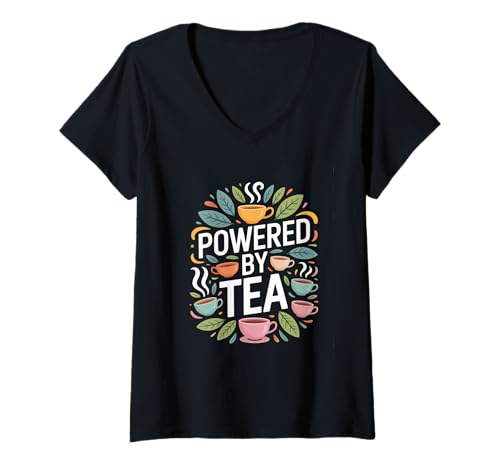 Damen Lustiges Getränke-Zitat Powered by Tea T-Shirt mit V-Ausschnitt von Tea Lovers Enthusiasts Beverage Quotes