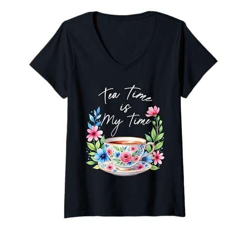 Damen Tea Time is My Time Floral Watercolour Teetasse Relaxing T-Shirt mit V-Ausschnitt Damen Tea Time is My Time Floral Watercolour Teetasse Relaxing T-Shirt mit V-Ausschnitt von Tea Time My Time Tea Drinker Apparel