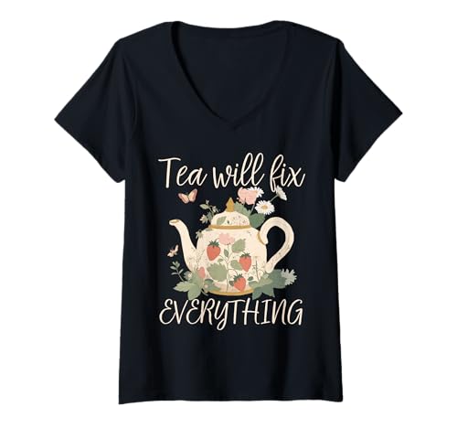 Damen Cottagecore Teekanne Tea Will Fix Everything T-Shirt mit V-Ausschnitt Damen Cottagecore Teekanne Tea Will Fix Everything T-Shirt mit V-Ausschnitt von Tea and Coffee Tees