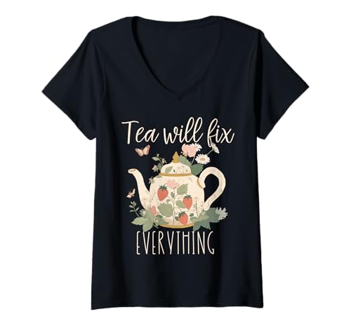 Damen Cottagecore Teekanne Tea Will Fix Everything T-Shirt mit V-Ausschnitt Damen Cottagecore Teekanne Tea Will Fix Everything T-Shirt mit V-Ausschnitt von Tea and Coffee Tees