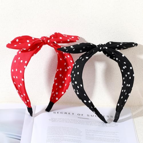 2 Stück Breite Haarreifen Damen mit Polka Dots - Vintage Stirnband Kaninchen Ohren Haar Bands Stoff rutschfest Kopfbedeckungen Elastische Twist Haarreifen Rot & Schwarz von Teaaha