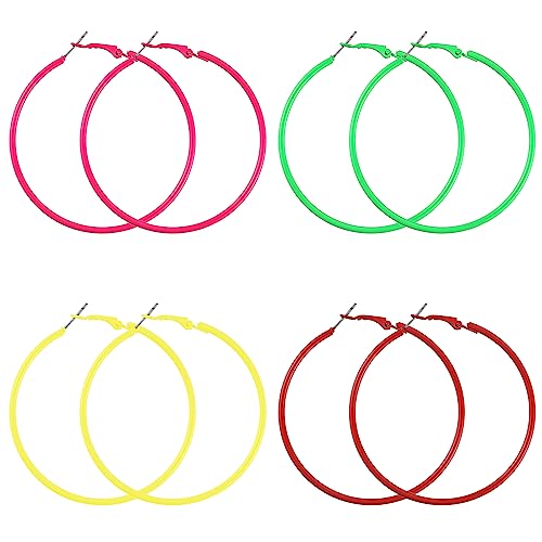 4 Paar Creolen Damen Vintage Große, 6 Cm Neon Ohrringe Creolen Bunt Helle Creolen Leichte 80er Jahre Ohrring Damen für Frauen Vintage Große Ohrringes für 80er Jahre Party(Grün Gelb Rot Rose Rot) von Teaaha