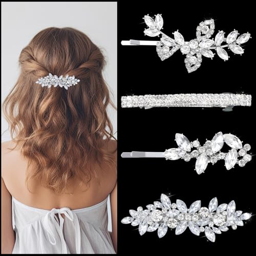4 Stück Haarspange Hochzeit Haarschmuck Silber Braut Haarspangen Silber Kopfstücke Schmuck Strass Haarspangen mit Rhinestones Glitzer Haarklammer Klein für Damen Frauen Party Brautjungfern von Teaaha