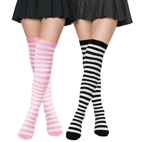 Teaaha 2 Paar Streifen Overknee Socken, Overknee Strümpfe, Overknee Socks, Extra Lange Socken Aus Baumwolle Mit Streifen 50cm Ringelstrümpfe Oberschenkelhohe Socken Für Den Herbst Winter von Teaaha