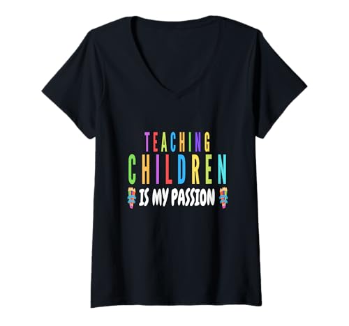 Damen Kinder unterrichten ist Meine Leidenschaft Lehrer Schüler Männer Frauen T-Shirt mit V-Ausschnitt von Teach Inspire Teacher Kids Back To School