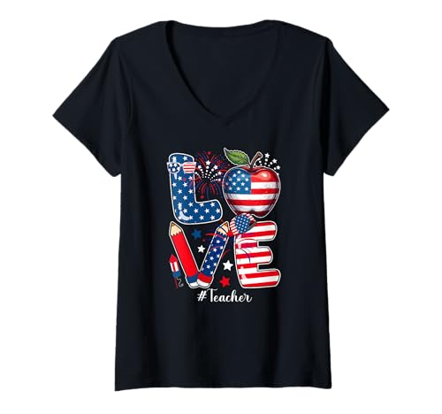 Damen LOVE Teacher Tools 4th July US Flag Fireworks Patriotic T-Shirt mit V-Ausschnitt von Teacher 4th Of July Costume