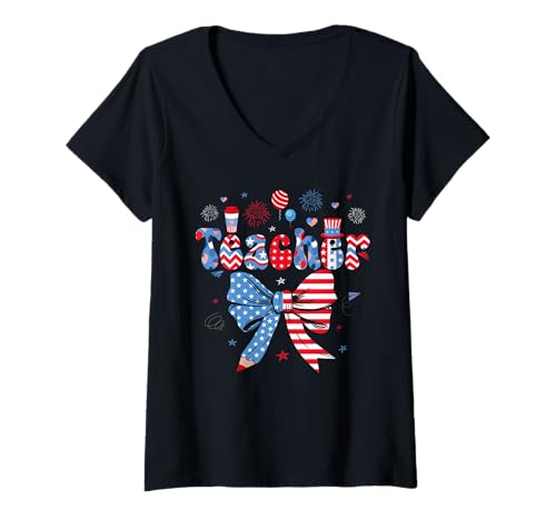 Damen Teacher 4th Of July US Flag Bow Tie Patriotic Funny Job Team T-Shirt mit V-Ausschnitt Damen Teacher 4th Of July US Flag Bow Tie Patriotic Funny Job Team T-Shirt mit V-Ausschnitt von Teacher 4th Of July Costume