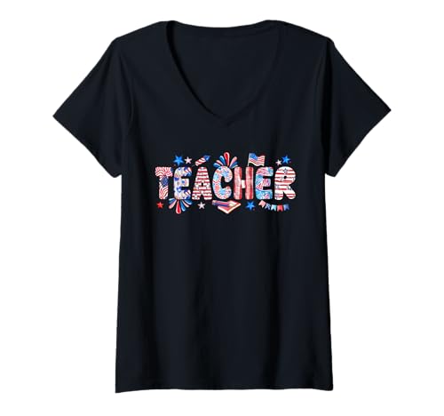 Damen Teacher 4th Of July US Flag Fireworks Patriotic Job Team T-Shirt mit V-Ausschnitt Damen Teacher 4th Of July US Flag Fireworks Patriotic Job Team T-Shirt mit V-Ausschnitt von Teacher 4th Of July Costume