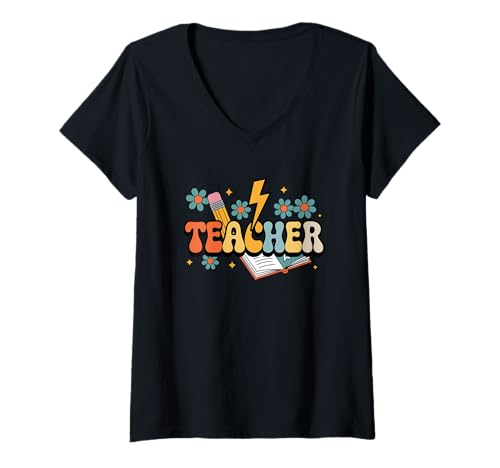 Damen Lehrer-Zitat Bleistift Buch Floral Lightning T-Shirt mit V-Ausschnitt Damen Lehrer-Zitat Bleistift Buch Floral Lightning T-Shirt mit V-Ausschnitt von Teacher Appreciation Retro Style