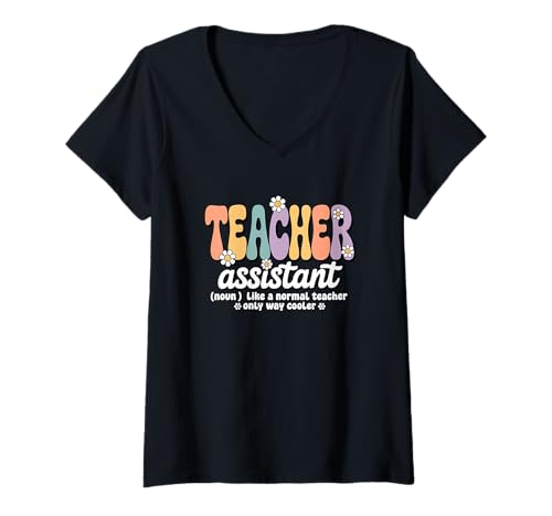 Damen Retro Groovy Lehrerassistentin Zurück ins Klassenzimmer T-Shirt mit V-Ausschnitt von Teacher Assistant Apparel for Women & Men