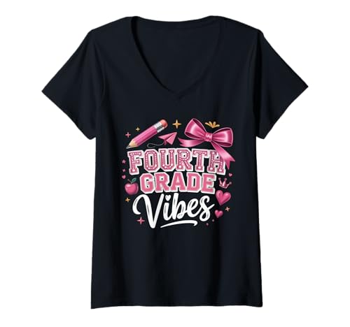 Damen First Day of School Fourth Grade Vibes T-Shirt mit V-Ausschnitt Damen First Day of School Fourth Grade Vibes T-Shirt mit V-Ausschnitt von Teacher Back To School 4th Grade