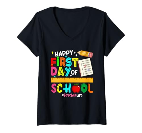 Damen Happy First Day of School Teacher Back to School Colorful T-Shirt mit V-Ausschnitt von Teacher Back To School Costume
