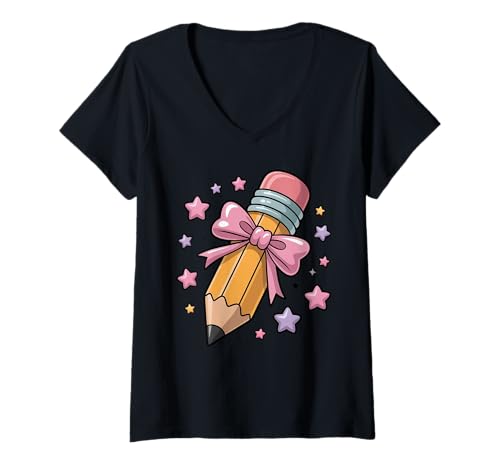 Damen Cute Pencil Crayon First Day of School T-Shirt mit V-Ausschnitt Damen Cute Pencil Crayon First Day of School T-Shirt mit V-Ausschnitt von Teacher Back To School Pencil