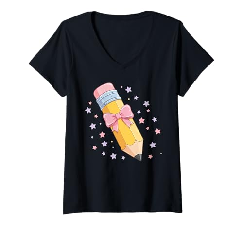Damen Cute Pencil Crayon First Day of School T-Shirt mit V-Ausschnitt Damen Cute Pencil Crayon First Day of School T-Shirt mit V-Ausschnitt von Teacher Back To School Pencil
