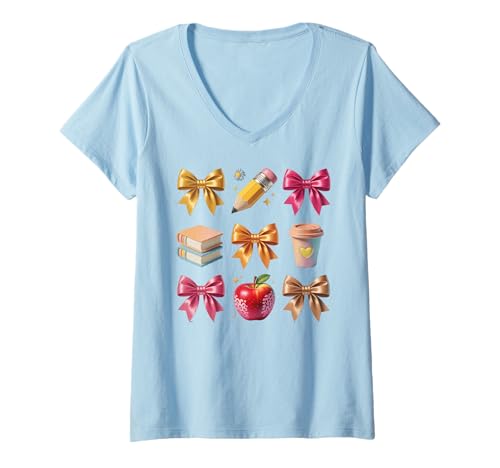 Damen Apple Coquette Bow Books Schulanfang Schulanfang T-Shirt mit V-Ausschnitt von Teacher Back To School