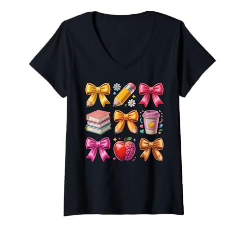 Damen Apple Coquette Bow Books Schulanfang Schulanfang T-Shirt mit V-Ausschnitt Damen Apple Coquette Bow Books Schulanfang Schulanfang T-Shirt mit V-Ausschnitt von Teacher Back To School