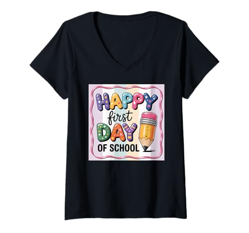 Damen Back to School Happy First Day of School T-Shirt mit V-Ausschnitt Damen Back to School Happy First Day of School T-Shirt mit V-Ausschnitt von Teacher Back To School