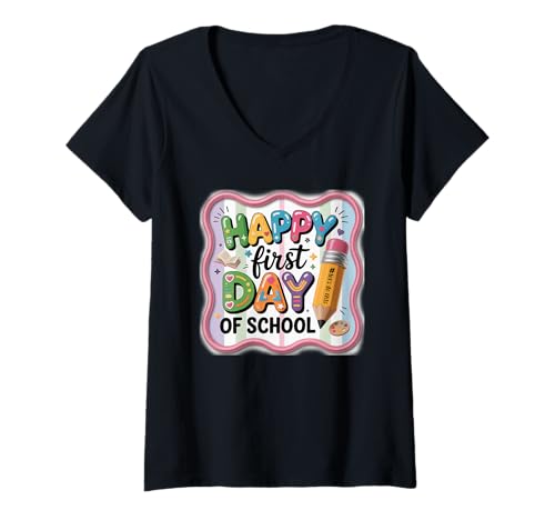 Damen Back to School Happy First Day of School T-Shirt mit V-Ausschnitt Damen Back to School Happy First Day of School T-Shirt mit V-Ausschnitt von Teacher Back To School