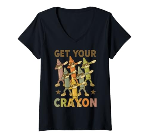 Damen Funny Dabbing Crayons First Day of School Get Your Crayon T-Shirt mit V-Ausschnitt Damen Funny Dabbing Crayons First Day of School Get Your Crayon T-Shirt mit V-Ausschnitt von Teacher Back To School