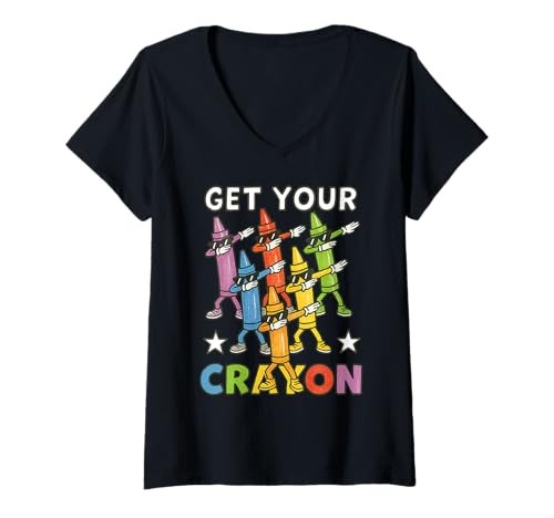 Damen Funny Dabbing Crayons First Day of School Get Your Crayon T-Shirt mit V-Ausschnitt Damen Funny Dabbing Crayons First Day of School Get Your Crayon T-Shirt mit V-Ausschnitt von Teacher Back To School