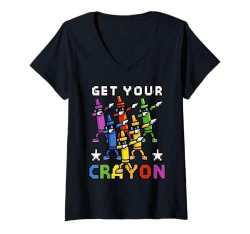 Damen Funny First Day of School Get Your Crayon Dabbing Crayons T-Shirt mit V-Ausschnitt Damen Funny First Day of School Get Your Crayon Dabbing Crayons T-Shirt mit V-Ausschnitt von Teacher Back To School