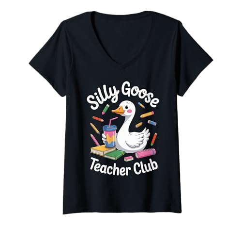 Damen Silly Goose Lehrerclub T-Shirt mit V-Ausschnitt Damen Silly Goose Lehrerclub T-Shirt mit V-Ausschnitt von Teacher Back To School