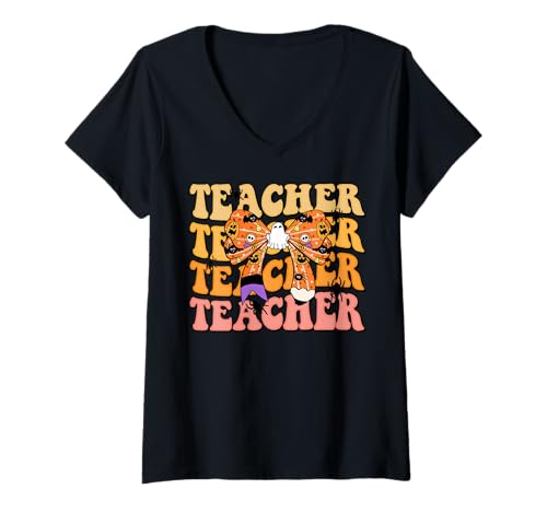 Damen Lehrer Schleife Geist Shirt Halloween Orange Lustig Gruselig T-Shirt mit V-Ausschnitt von Teacher Bow Ghost Tee Shirts for Halloween