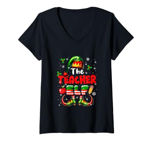 Damen Die Lehrerelf zu Weihnachten, lustige Jobteam-Matching-Partys T-Shirt mit V-Ausschnitt von Teacher Christmas Costume