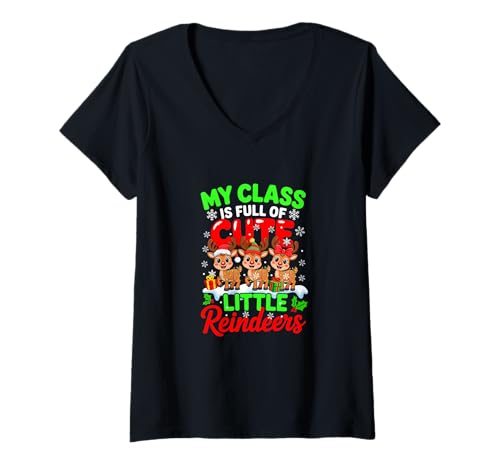 Damen My Class is Full of Cute Little Xmas Reindeers Funny Teacher T-Shirt mit V-Ausschnitt von Teacher Christmas Costume