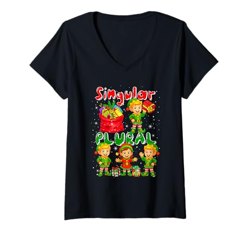 Damen Singular Plural Weihnachtsgruppe Elf Lustiger Grammatiklehrer T-Shirt mit V-Ausschnitt von Teacher Christmas Costume