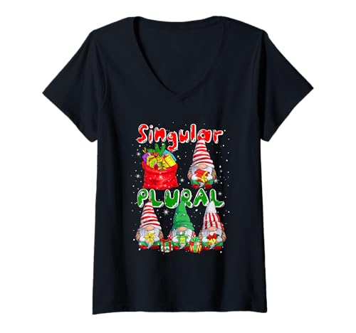 Damen Singular Plural Weihnachtsgruppe Gnomes Lustiger Grammatiklehrer T-Shirt mit V-Ausschnitt von Teacher Christmas Costume