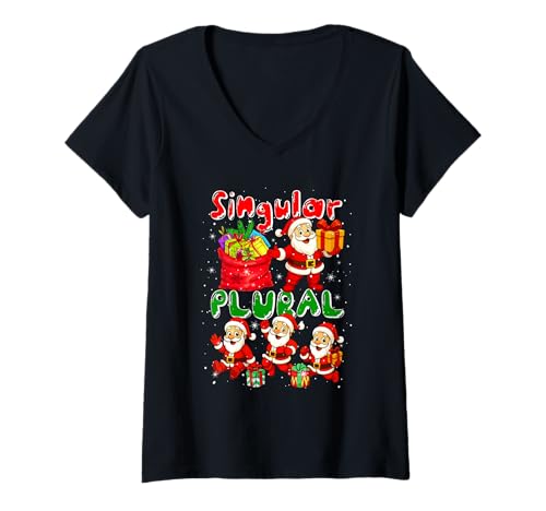 Damen Singular Plural Weihnachtsgruppe Weihnachtsmann Lustiger Grammatiklehrer T-Shirt mit V-Ausschnitt von Teacher Christmas Costume