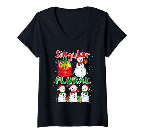 Damen Singular Plural Xmas Group Schneemänner Lustiger Grammatiklehrer T-Shirt mit V-Ausschnitt von Teacher Christmas Costume