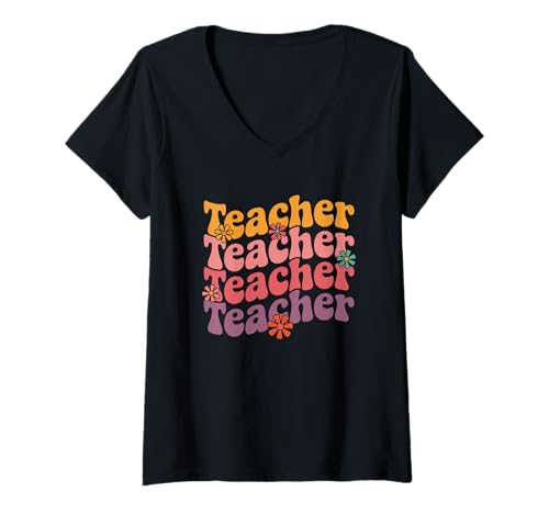 Damen Teacher Retro Floral T-Shirt mit V-Ausschnitt Damen Teacher Retro Floral T-Shirt mit V-Ausschnitt von Teacher Floral Retro Groovy Style