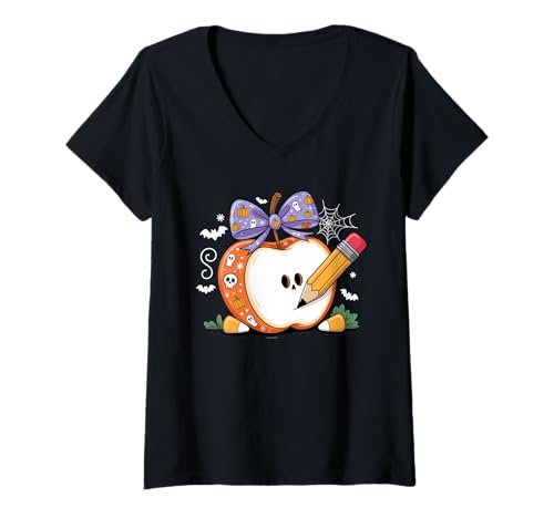 Damen Spooky Apple Teacher Halloween Fun Class Halloween Vibes T-Shirt mit V-Ausschnitt Damen Spooky Apple Teacher Halloween Fun Class Halloween Vibes T-Shirt mit V-Ausschnitt von Teacher Halloween Apple Spooky Class Teacher Fun
