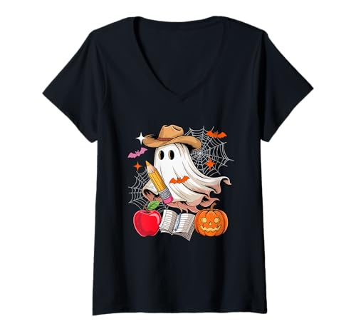 Damen Boo Ghost Costume Western Halloween Cosplay Teacher Job T-Shirt mit V-Ausschnitt Damen Boo Ghost Costume Western Halloween Cosplay Teacher Job T-Shirt mit V-Ausschnitt von Teacher Halloween Costume