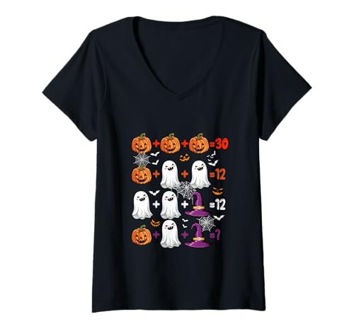 Damen Halloween Quiz Math Witch Boo Carved Pumpkin Teacher Student T-Shirt mit V-Ausschnitt von Teacher Halloween Costume