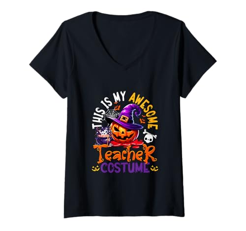 Damen My Awesome Teacher Costume Witch Carved Pumpkin Proud Job T-Shirt mit V-Ausschnitt von Teacher Halloween Costume