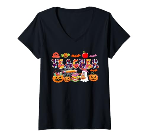 Damen Teacher Halloween Boo Geschnitzte Kürbisse Lustiges Job Team T-Shirt mit V-Ausschnitt Damen Teacher Halloween Boo Geschnitzte Kürbisse Lustiges Job Team T-Shirt mit V-Ausschnitt von Teacher Halloween Costume