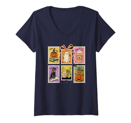 Damen Briefmarke, Motiv: Lehrer, Halloween, Vintage-Collage T-Shirt mit V-Ausschnitt Damen Briefmarke, Motiv: Lehrer, Halloween, Vintage-Collage T-Shirt mit V-Ausschnitt von Teacher Halloween Stamp Ghost Cat Pumpkin Art Co.