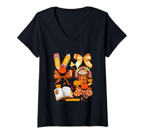 Damen Thanksgiving Teacher Principal Tools Fliege Kürbisse Kaffee T-Shirt mit V-Ausschnitt von Teacher Holiday List Costume