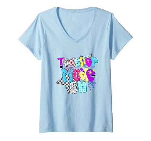 Damen Lehrer-Modus auf leuchtendem, buntem Text T-Shirt mit V-Ausschnitt Damen Lehrer-Modus auf leuchtendem, buntem Text T-Shirt mit V-Ausschnitt von Teacher Humor Fun Colorful Vibrant Quirky
