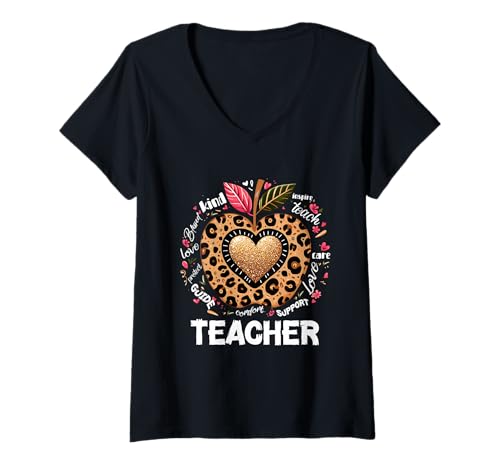 Damen Teacher Life Leopard Apple Teacher's Day Zurück zur Schule T-Shirt mit V-Ausschnitt Damen Teacher Life Leopard Apple Teacher's Day Zurück zur Schule T-Shirt mit V-Ausschnitt von Teacher Life Leopard Apple Teacher's Day