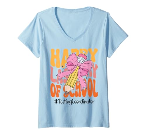 Damen Testing Coordinator Happy Last Day of School Kokette Bogen T-Shirt mit V-Ausschnitt von Teacher Pencil Design Apparel Co.
