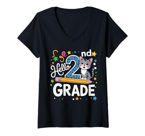 Damen Lustige Hello Katze zum Schulanfang der 2. Klasse T-Shirt mit V-Ausschnitt Damen Lustige Hello Katze zum Schulanfang der 2. Klasse T-Shirt mit V-Ausschnitt von Teacher Student Back To School Outfits